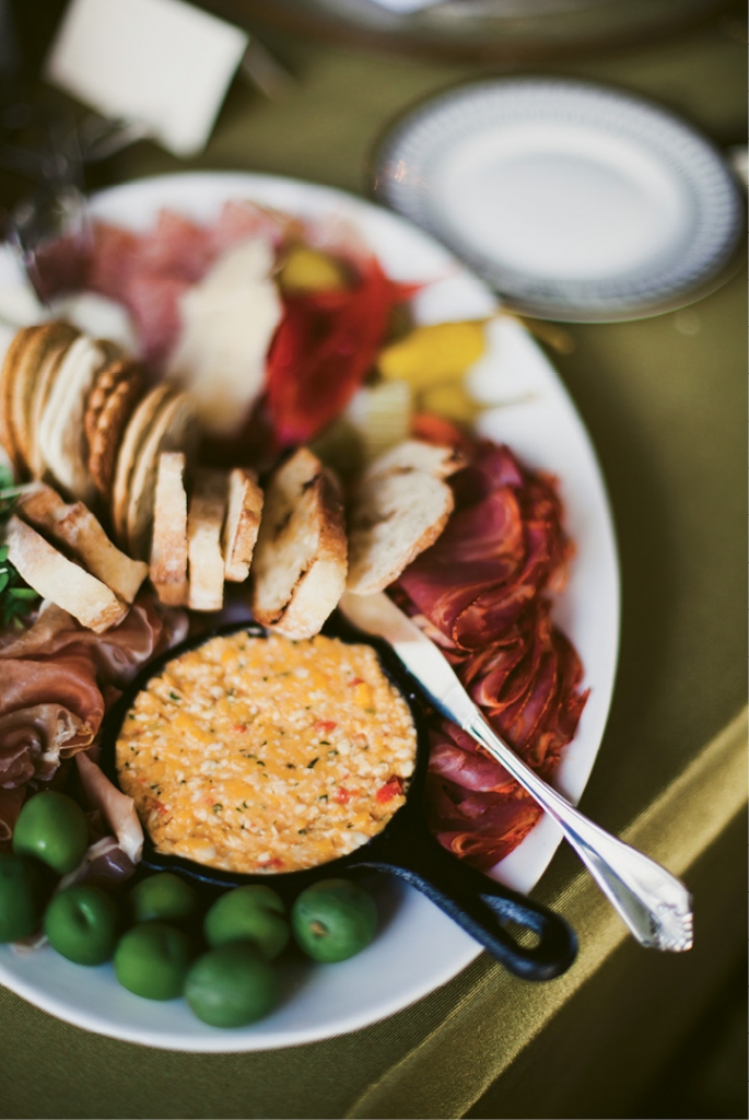 “We wanted a menu that was a little different,” says the bride. “Cru Catering was excited to work with us on it not at all scared of tackling such a food fest.” Case in point: this antipasto plate.  (Image by Juliet Elizabeth Photography)