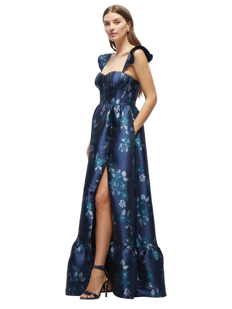 Dramatic Damask - Dessy Group “Felicity” baroque rose corset maxi dress in “midnight navy,” $315 at Bella Bridesmaids