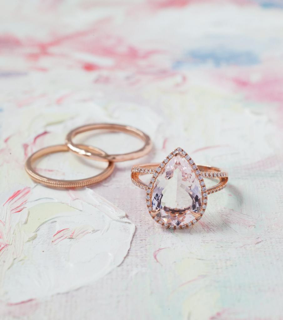 (from left) 14K rose gold bands from Gold Creations,  $195 (ridged) and $260 (hammered). 14K rose gold ring with 4.53 ct. morganite center and diamonds  (.33 total cts.) from Diamonds Direct, $3,500. Artwork by Natalie Taylor Humphrey