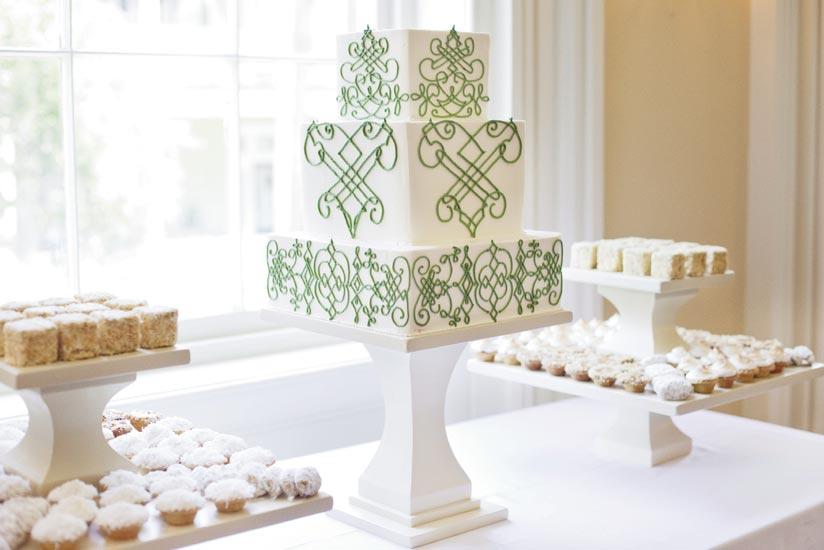 PATTERN PLAY: The three-tiered treat from Wedding Cakes by Jim Smeal mirrored the design and palette of the couple’s stationery suite.