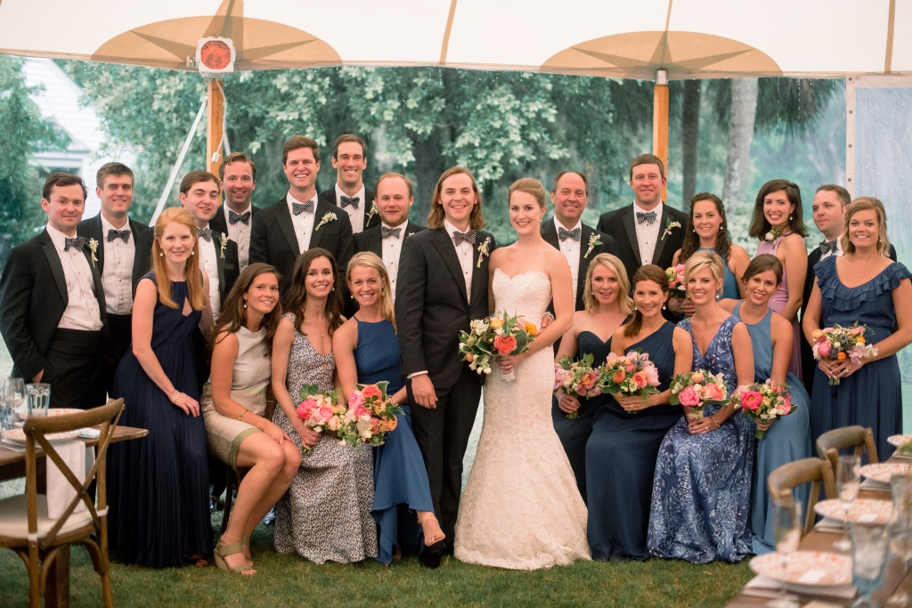 Jane trusted her bridesmaids to select their own blue-hued frocks.  “I love that two of them chose patterns,” she says. “It added depth and fit the theme.” &lt;i&gt;Image by Timwill Photography&lt;/i&gt;