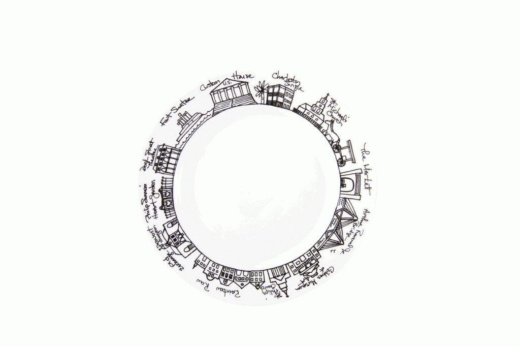 DSC Designs’  “Charleston” Small Plate.  Donna Sue Chesborough’s pen-and-ink styled illustrations of Charleston icons dress these porcelain plates with a local accent. Southern Season, $24.50 (7.5-inch plate)