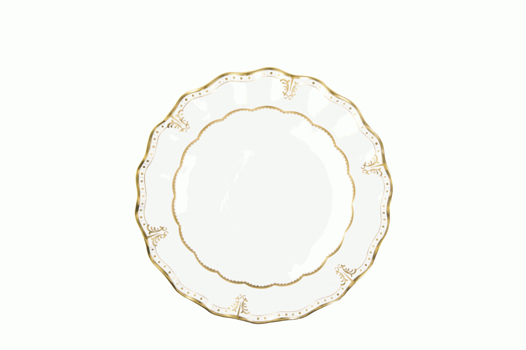 Royal Crown Derby’s “Elizabeth Gold” Dinner Plate. Introduced in 1995, this gold-kissed fluted style plate remains popular among Charleston brides. Vieuxtemps, $165 (10-inch plate)