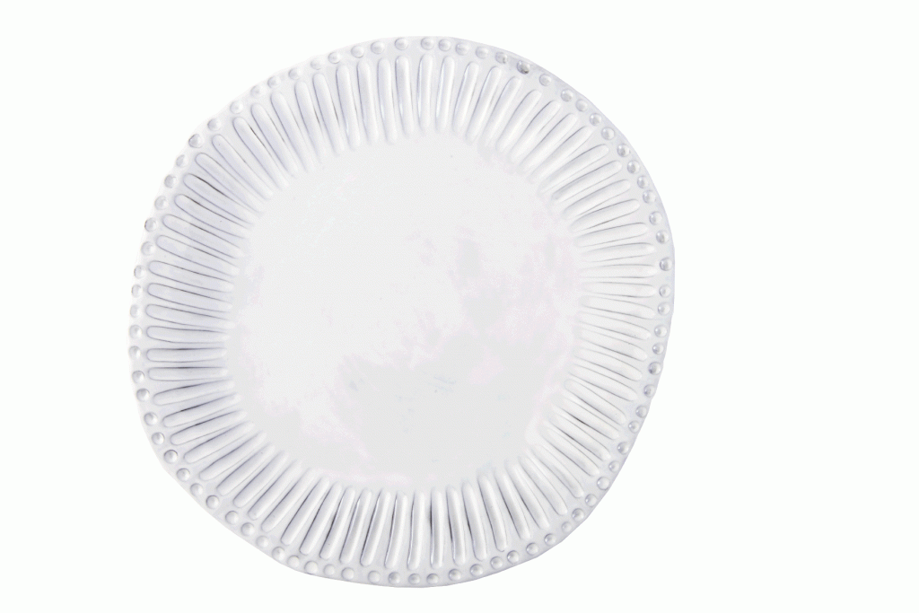 Vietri’s “Incanto White Stripe” Dinner Plate. The fluted pattern on this Italian-made plate adds a hand-hewn artisanal element to any tabletop. Bonus? It’s microwave- and dishwasher-safe. Open House, $46  (12-inch plate)