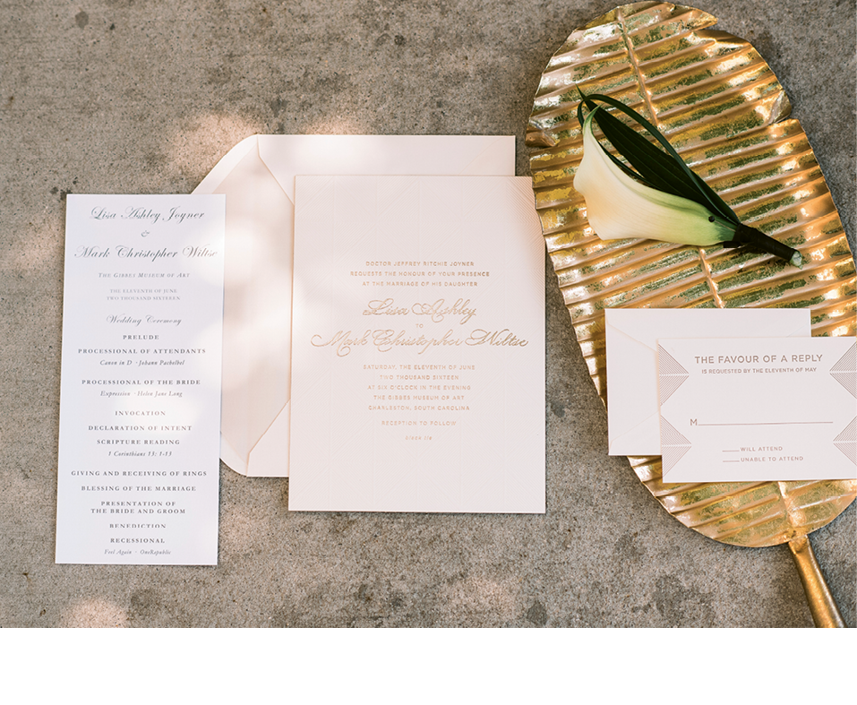 Bella Figura created a decidedly pared-back stationery suite with just a hint of Beaux Arts flair (a nod to the location’s architecture) engraved in gold on the reply card.  &lt;i&gt;Image Timwill Photography&lt;/i&gt;