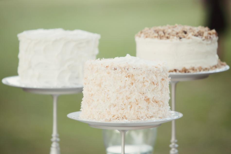 TASTY TRIO: The bride’s cousin Elizabeth Guimont created a trio of cakes for the reception: coconut cake with pistachio mousse, carrot cake, and white cake.