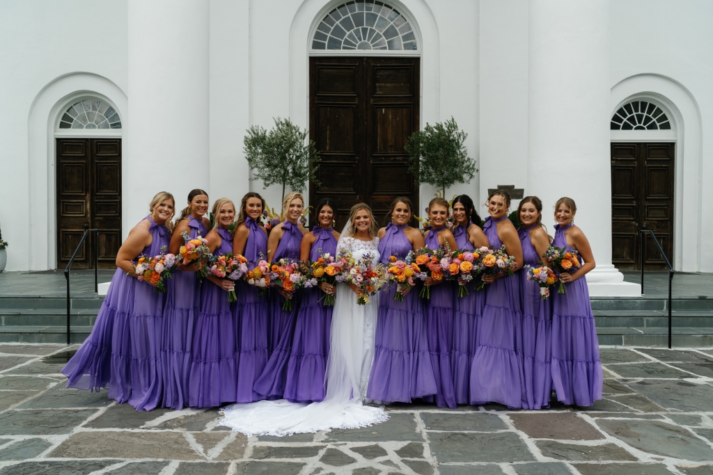 The bridesmaids’ lavender frocks inspired the wedding palette.