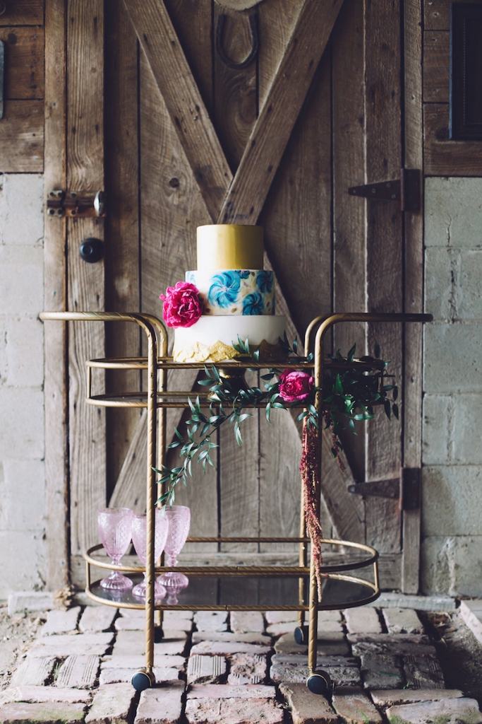 Cake by DeClare. Bar cart from 428 Main Vintage Rentals. Event design by Pure Luxe Bride. Florals by Anna Bella Florals. Image by Monika Gauthier Photography &amp; Design at The Stables at Boals Farm.