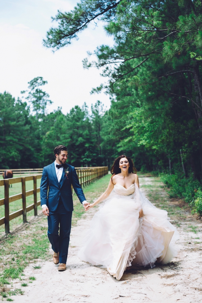 Menswear from David&#039;s Tuxedos. Bridal attire by Lazaro from Gown Boutique of Charleston. Image by Monika Gauthier Photography &amp; Design at The Stables at Boals Farm.