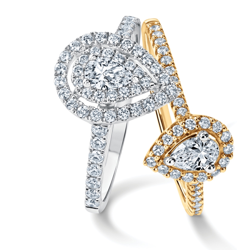 Ellaura pear diamond (.5 carat total) in 14K white gold ($1,699) and 14K yellow gold ($1,399) from REEDS