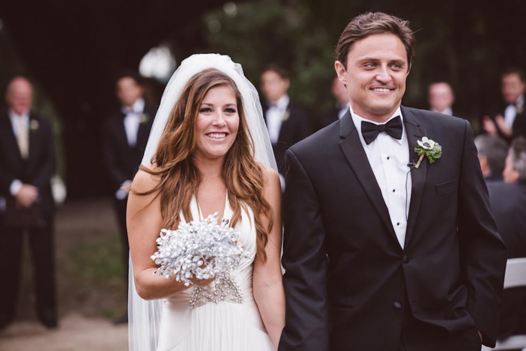 Bride&#039;s gown by Jenny Packham from White on Daniel Island. Bouquet from Bridal Bouquets by Ky (Etsy). Beauty by Wedding Hair by Charlotte. Menswear from Charleston Tuxedo. Boutonnière by Fox Events. Image by amelia + dan photography at Middleton Place.