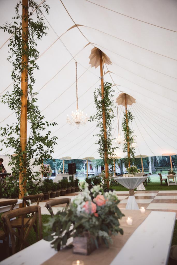 Tent and dance floor from Sperry Tents Southeast. Greens by Nancy’s Exotic Plants. Wedding design by Fox Events. Lighting by Innovative Event Services. Image by amelia + dan photography.