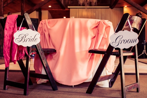VIP SEATS: The newlyweds&#039; sweetheart table was marked by &quot;his&quot; and &quot;her&quot; chair signage by Elocin Designs.