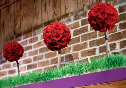 ROSES ARE RED: To top the immense fireplace mantel, John and his mom built flower boxes, which were “planted” with wheatgrass that sprouted crimson topiaries.