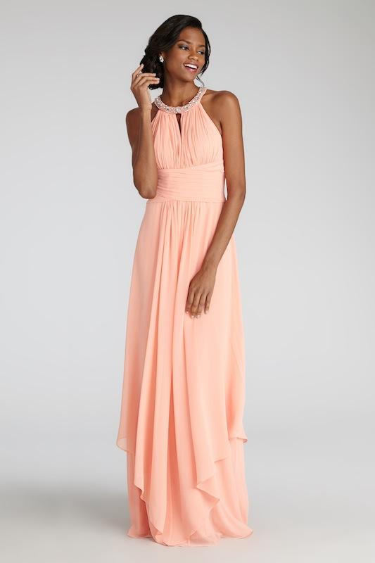 Donna Morgan&#039;s &quot;Siena&quot; in Peach Fuzz. Available in Charleston through Bella Bridesmaids.