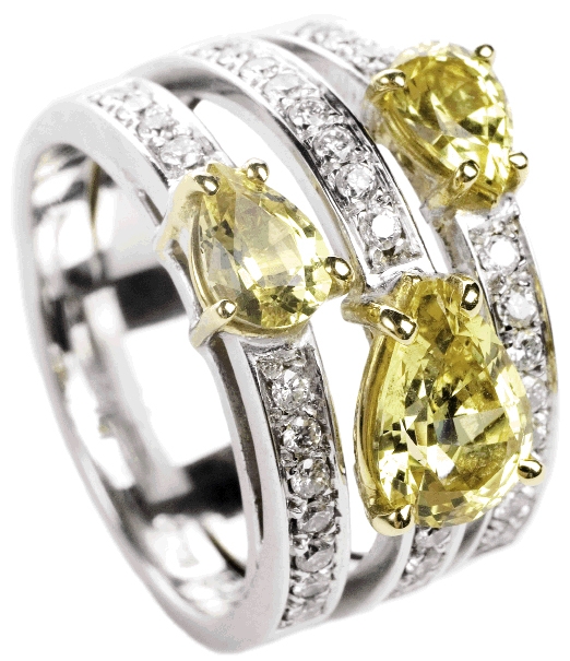 FRUITFUL BOUNTY: 18K white  gold trio ring with pear-shaped yellow sapphires (2.38 total ct.) and accent diamonds (.45 total ct.) Skatell’s, $9,750